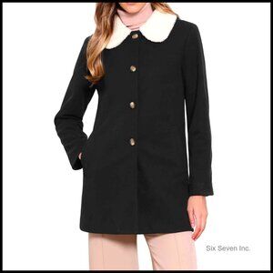 Mid-Long Pea Coat with Contrast Fleece Collar, Fully Lined